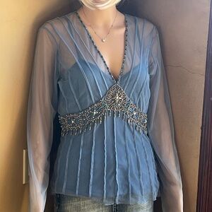 Light blue long sleeve mesh top with built-in matching camisole